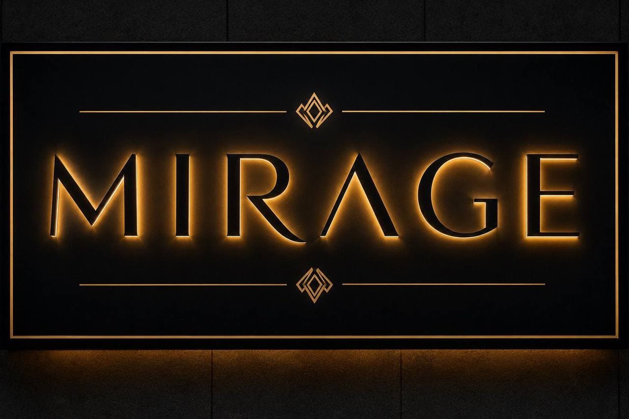 The illuminated Mirage Bar signage, Blaumaņa iela 21, Rīga, LV-1011, Latvia